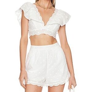 Tularosa White Swiss Dot Scallop Crop Top